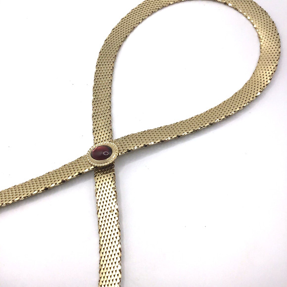Vintage Goldtone Mesh Collar Necklace Pink Stone Center Snap Fashion Jewelry 28" - Picture 6 of 16